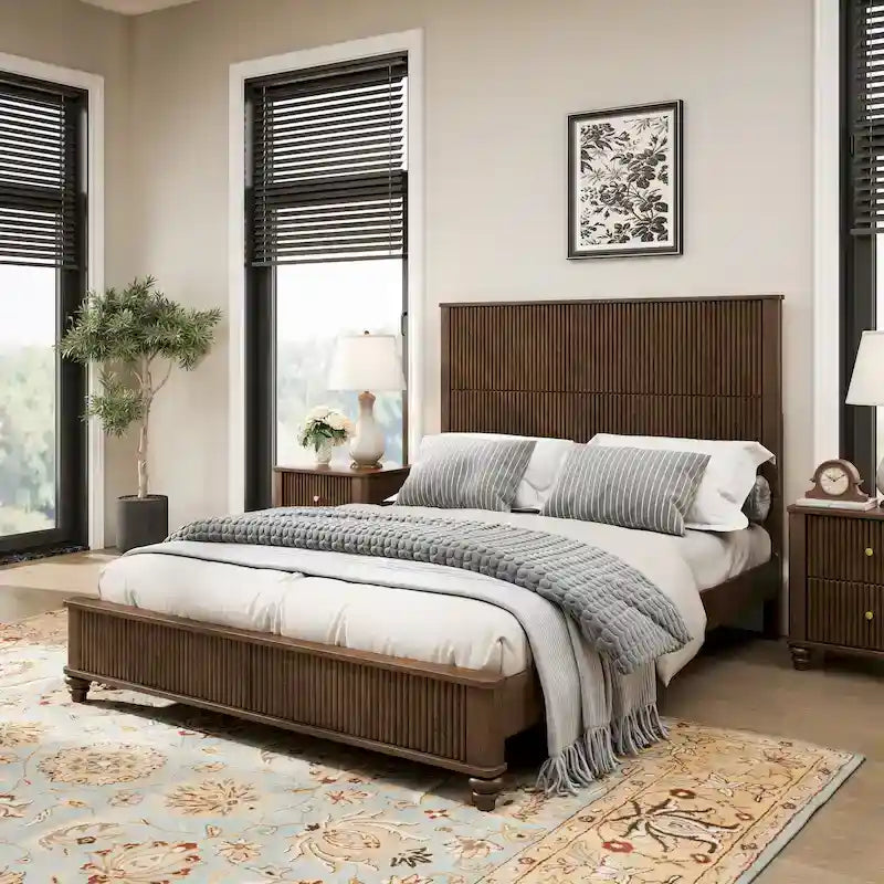 Sturdy Solid Wood Bed Frame with Tall Headboard for Elegant Bedrooms