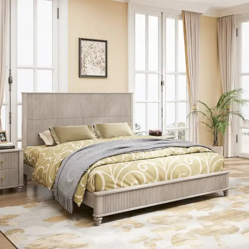 Sturdy Solid Wood Bed Frame with Tall Headboard for Elegant Bedrooms