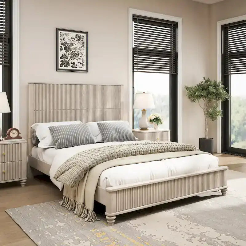 Sturdy Solid Wood Bed Frame with Tall Headboard for Elegant Bedrooms