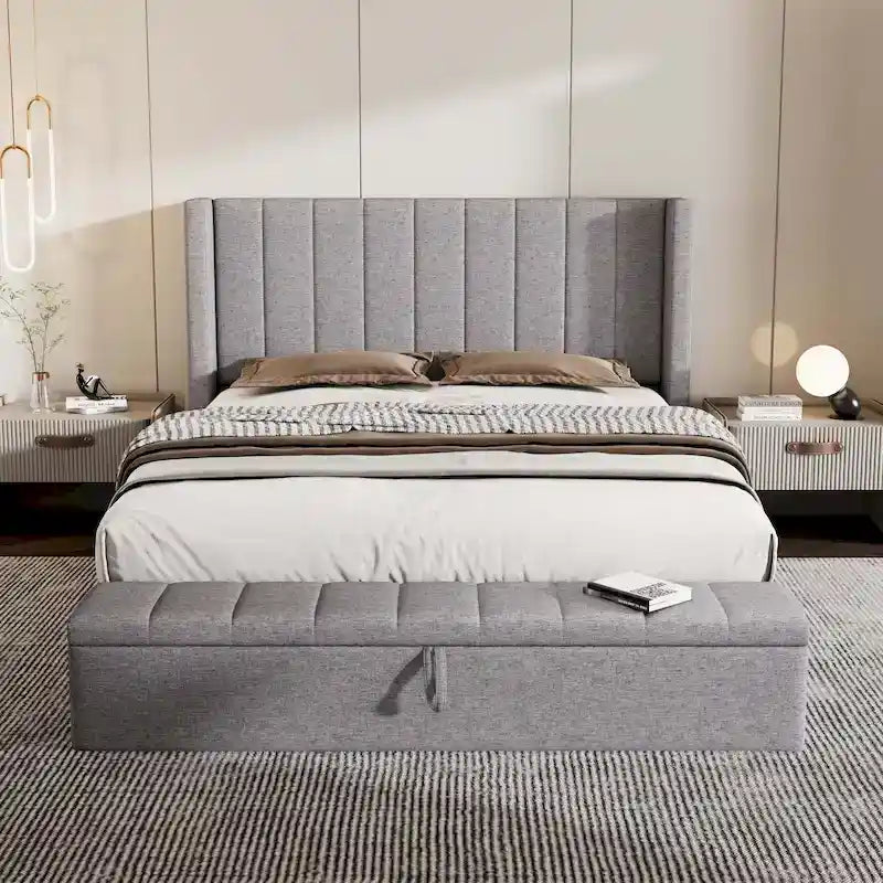 Queen Upholstered Platform Bed with Headboard and Storage