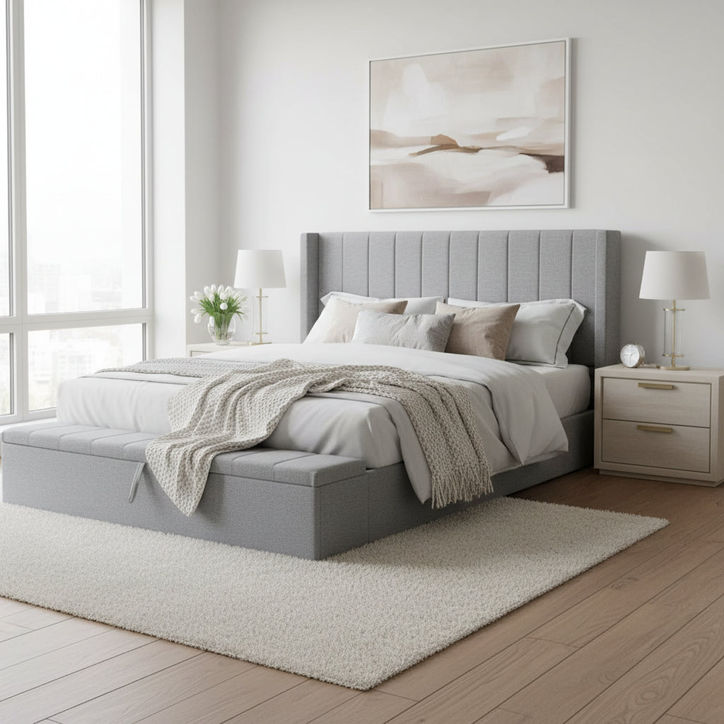Lit Queen Size capitonné avec tête de lit et rangement