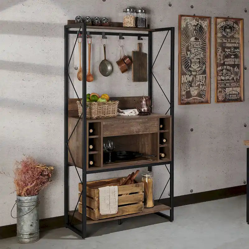 Industrial-Style Reclaimed Oak 67-Inch Metal-Frame Storage Shelf with 6-Bottle Wine Rack