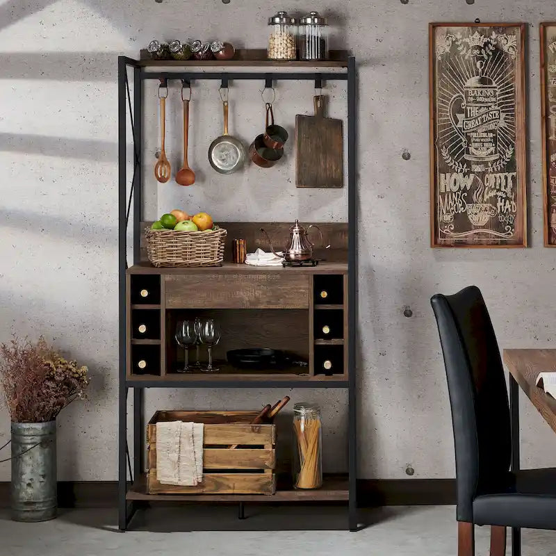 Industrial-Style Reclaimed Oak 67-Inch Metal-Frame Storage Shelf with 6-Bottle Wine Rack