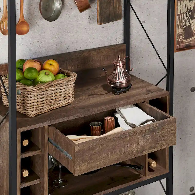 Industrial-Style Reclaimed Oak 67-Inch Metal-Frame Storage Shelf with 6-Bottle Wine Rack