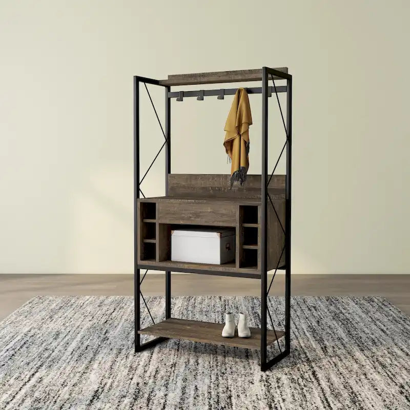 Étagère de rangement de style industriel en chêne recyclé de 67 pouces avec cadre en métal et casier à vin 6 bouteilles