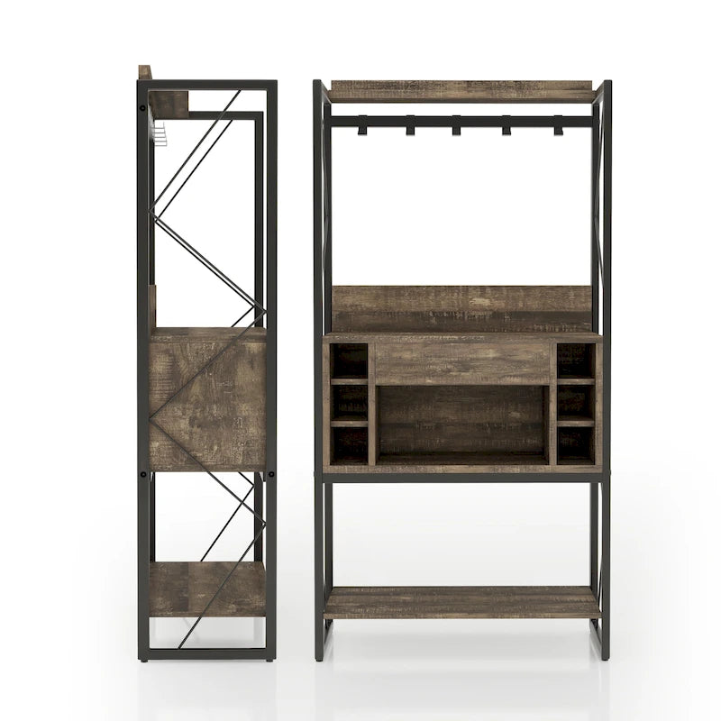 Industrial-Style Reclaimed Oak 67-Inch Metal-Frame Storage Shelf with 6-Bottle Wine Rack