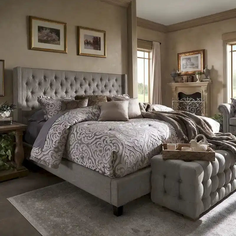Wingback Button Tufted King Bed
