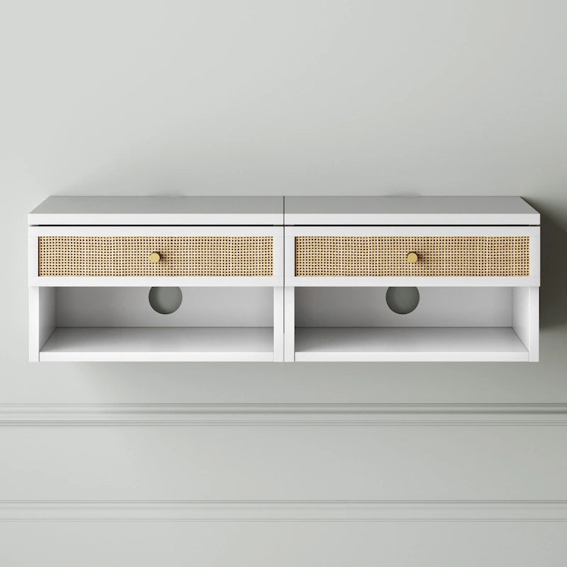 Table de chevet flottante moderne avec tiroir de rangement et compartiment ouvert