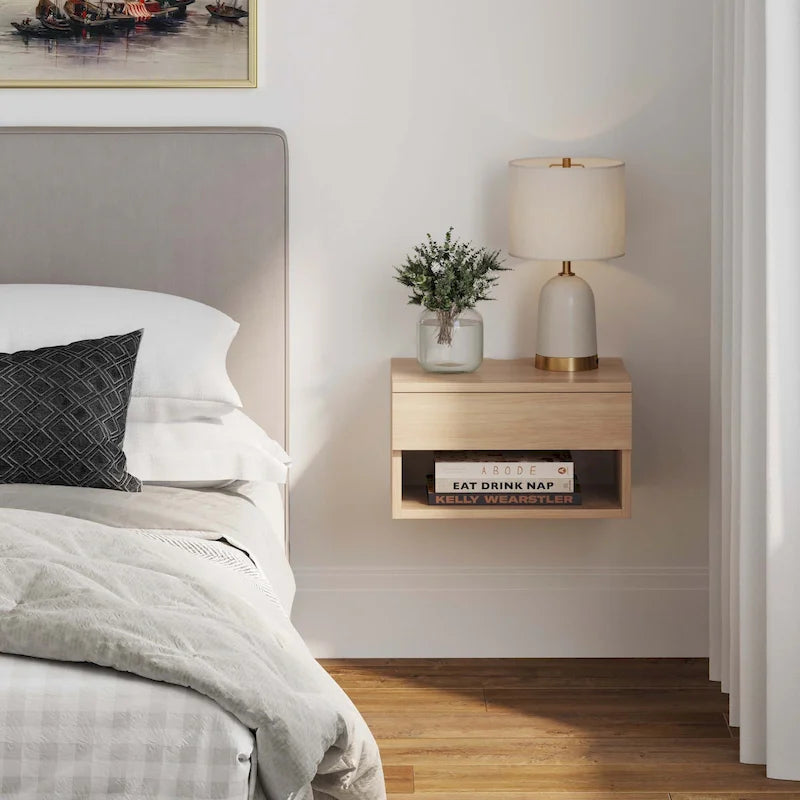Modern Floating Bedroom Nightstand with Storage Drawer and Open Shelf Cubby