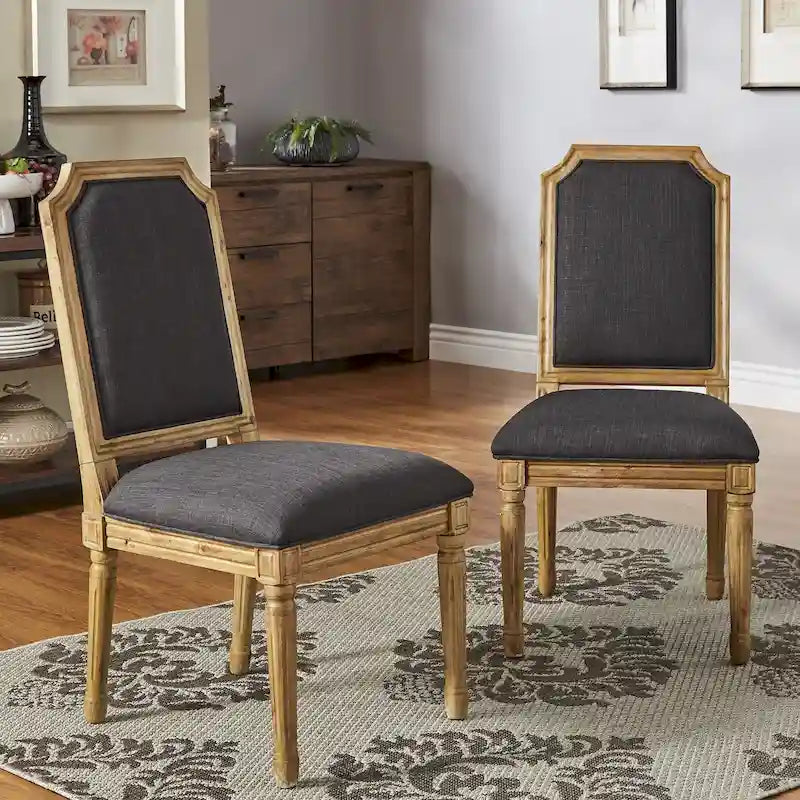 Chaises de salle à manger en bois massif et lin à dossier incurvé (lot de 2)