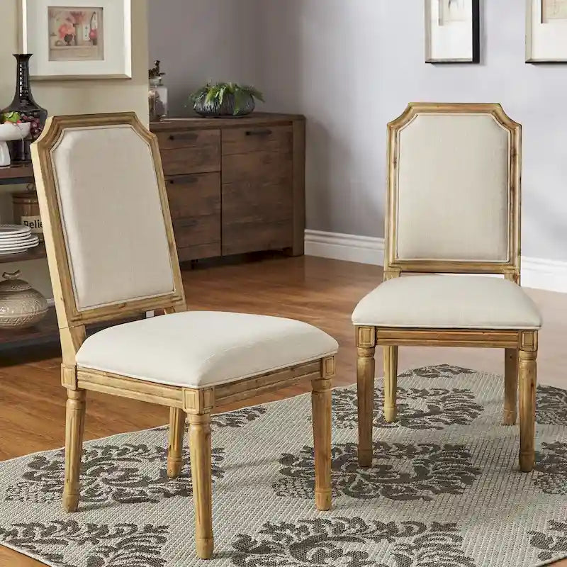 Arched-Back Linen and Solid Wood Dining Chairs (Set of 2)