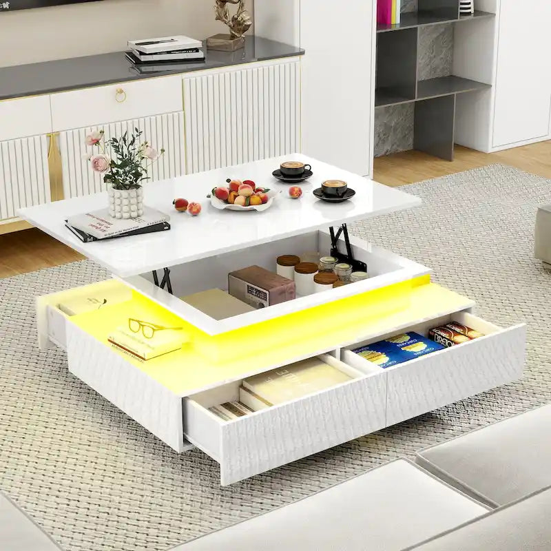 Modern Coffee Table with Storage High Glossy LED for Living Room