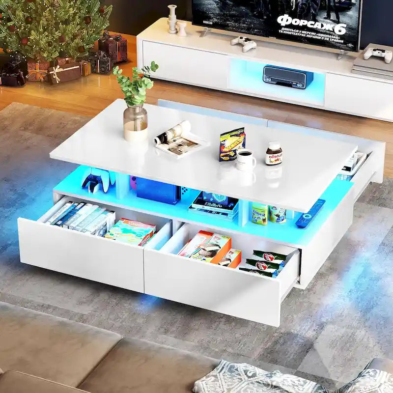 Modern Coffee Table with Storage High Glossy LED for Living Room