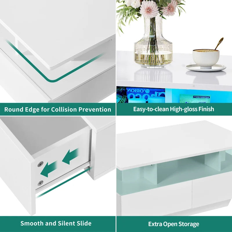 Modern Coffee Table with Storage High Glossy LED for Living Room