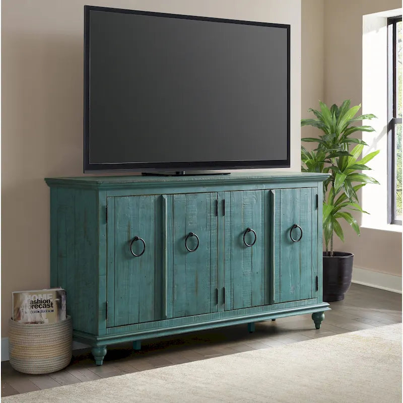 Meuble TV console en bois massif à 4 portes de 65 pouces - 35 pouces de haut x 65 pouces de large x 18 pouces de profondeur