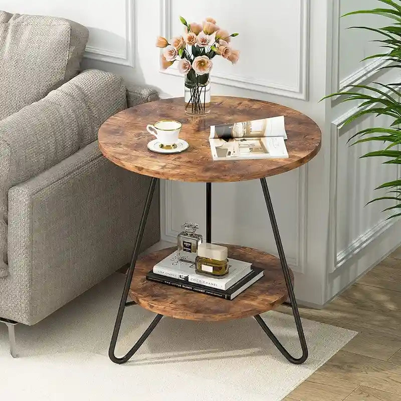 Table d'appoint ronde, table de canapé à 2 niveaux en bois pour salon et chambre à coucher