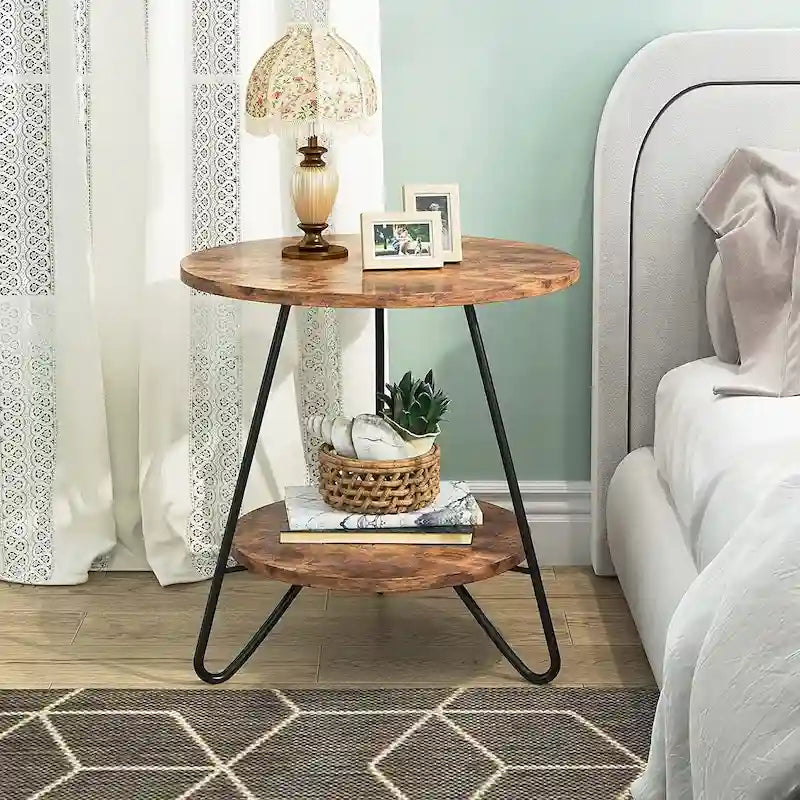 Table d'appoint ronde, table de canapé à 2 niveaux en bois pour salon et chambre à coucher