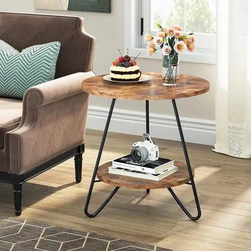 Table d'appoint ronde, table de canapé à 2 niveaux en bois pour salon et chambre à coucher
