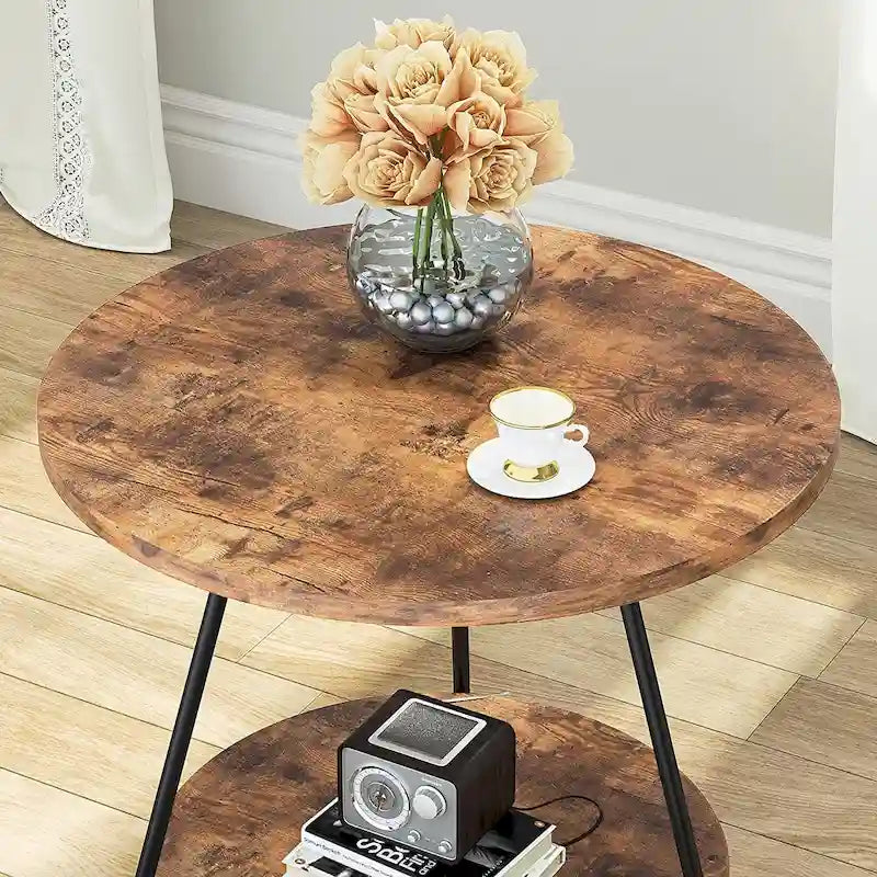 Table d'appoint ronde, table de canapé à 2 niveaux en bois pour salon et chambre à coucher