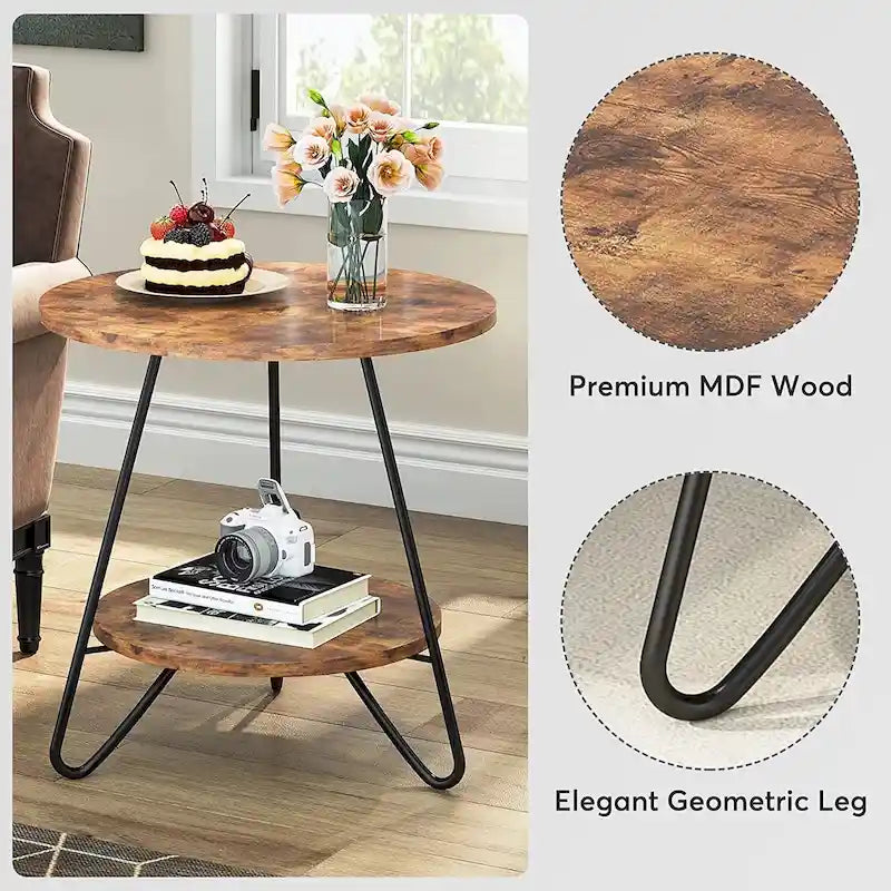 Table d'appoint ronde, table de canapé à 2 niveaux en bois pour salon et chambre à coucher