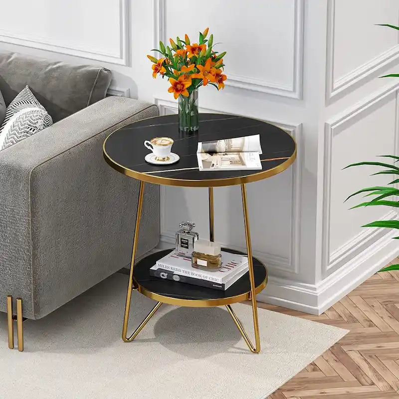 Table d'appoint ronde, table de canapé à 2 niveaux en bois pour salon et chambre à coucher