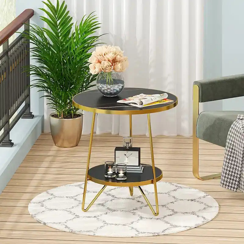 Table d'appoint ronde, table de canapé à 2 niveaux en bois pour salon et chambre à coucher