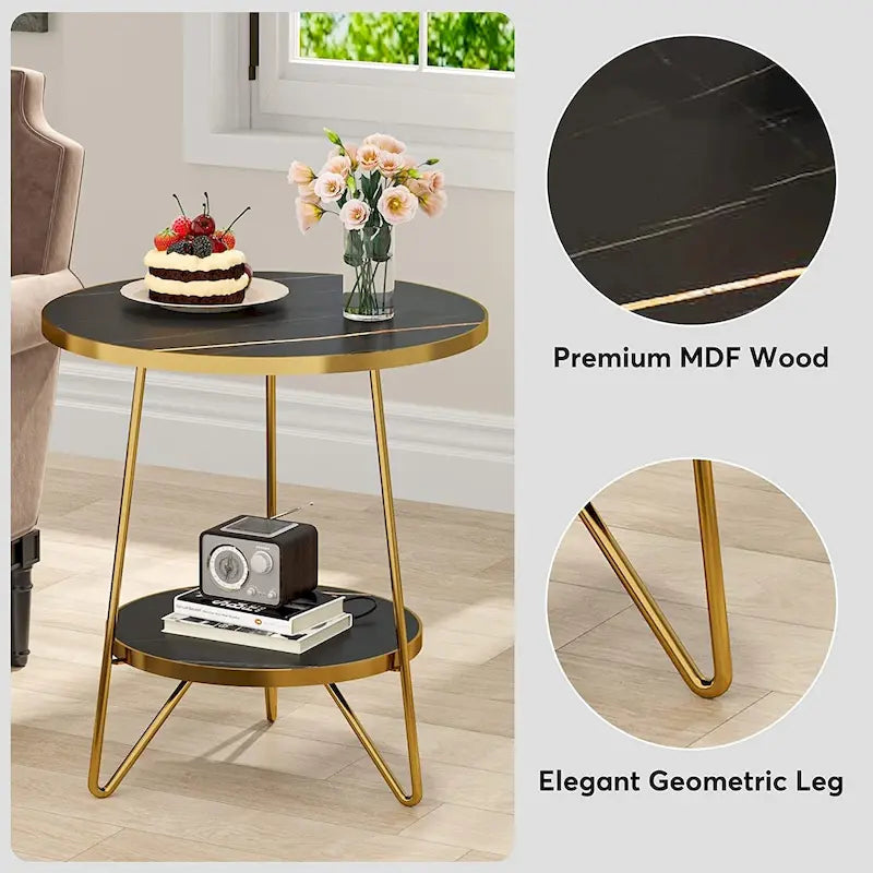 Table d'appoint ronde, table de canapé à 2 niveaux en bois pour salon et chambre à coucher
