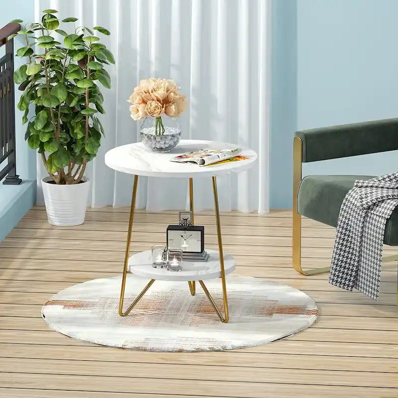 Table d'appoint ronde, table de canapé à 2 niveaux en bois pour salon et chambre à coucher