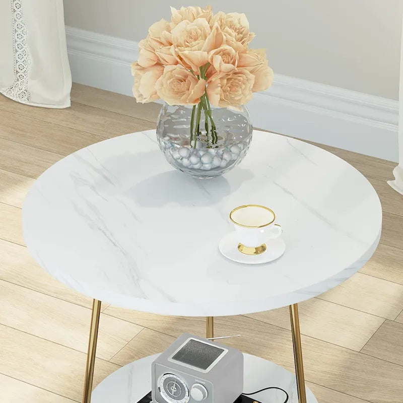 Table d'appoint ronde, table de canapé à 2 niveaux en bois pour salon et chambre à coucher