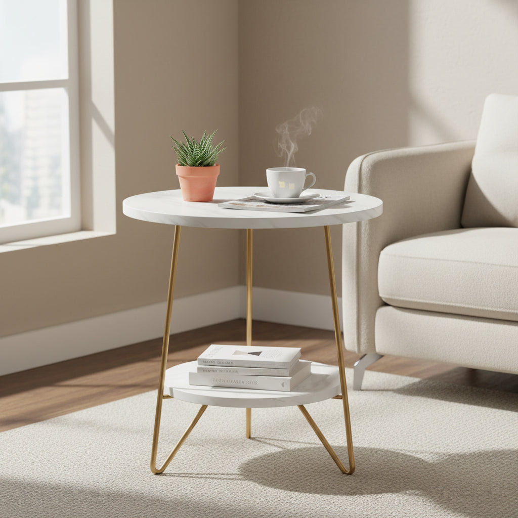 Table d'appoint ronde, table de canapé à 2 niveaux en bois pour salon et chambre à coucher