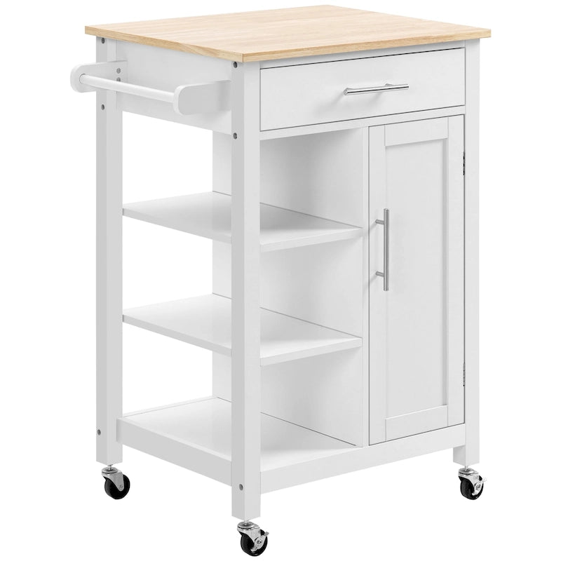 Compact Kitchen Island Cart on Wheels, Rolling Utility Trolley Cart with Storage Shelf & Drawer for Dining Room