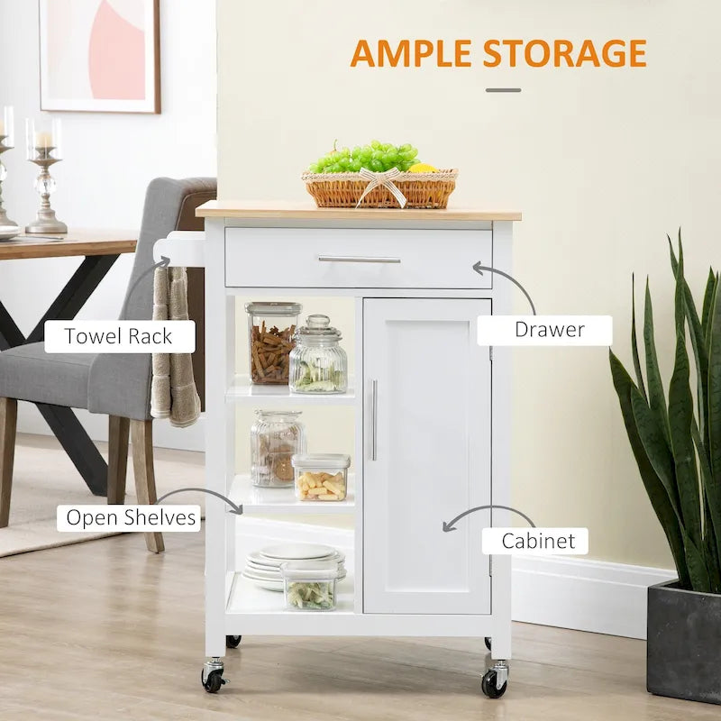 Compact Kitchen Island Cart on Wheels, Rolling Utility Trolley Cart with Storage Shelf & Drawer for Dining Room