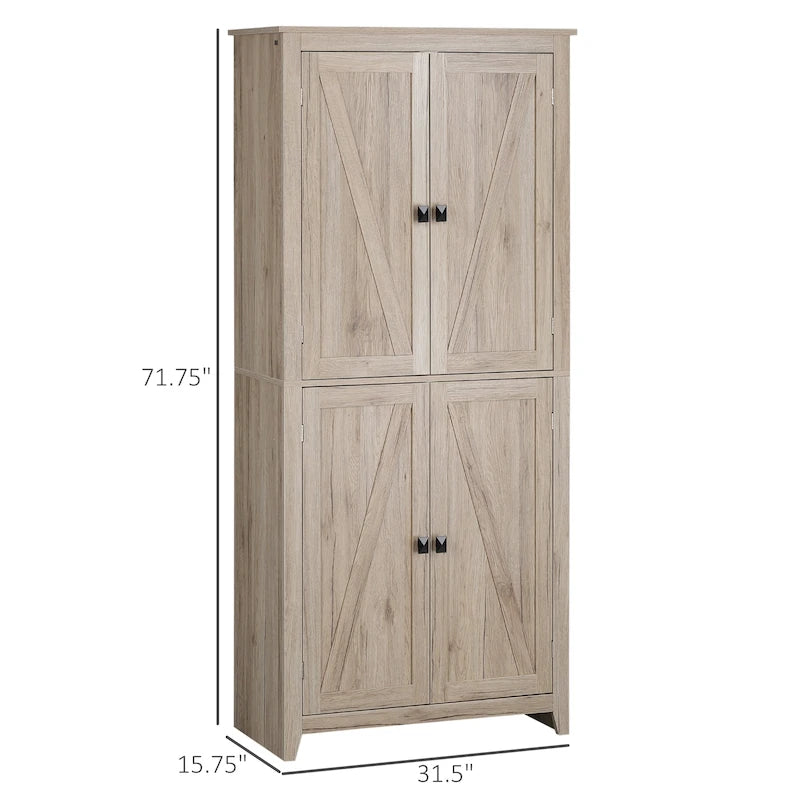 Garde-manger de cuisine autoportant à 4 portes de 183 cm, armoire de rangement avec 4 niveaux et étagères réglables, blanc