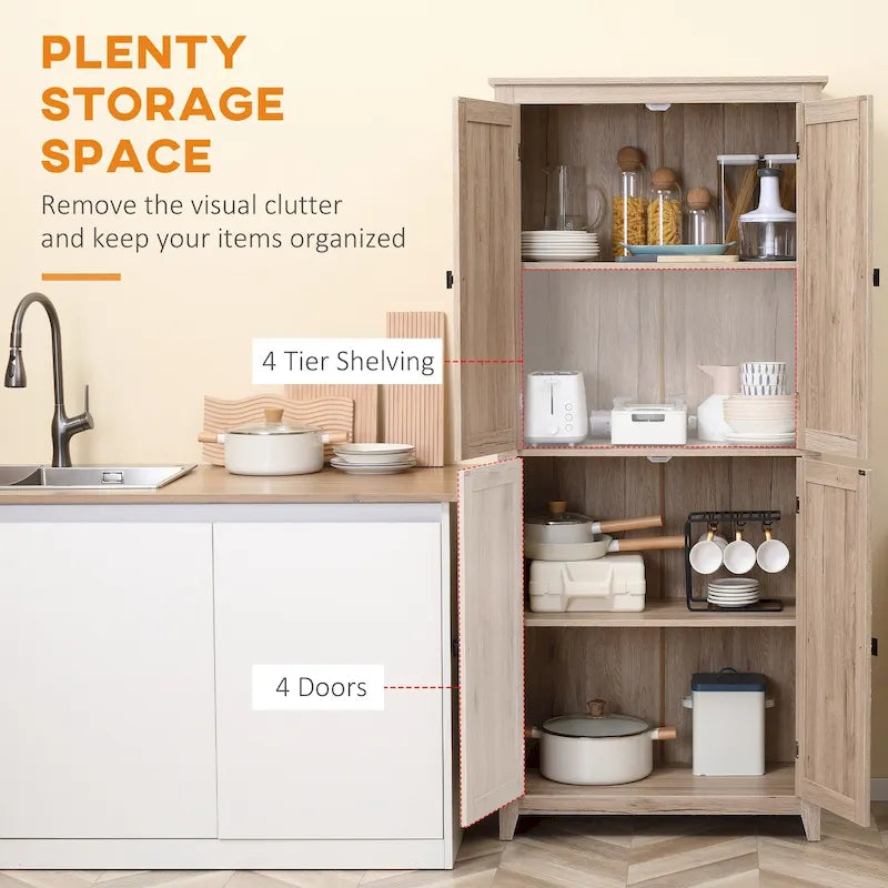 Garde-manger de cuisine autoportant à 4 portes de 183 cm, armoire de rangement avec 4 niveaux et étagères réglables, blanc