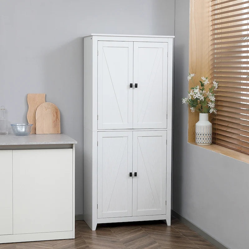 Garde-manger de cuisine autoportant à 4 portes de 183 cm, armoire de rangement avec 4 niveaux et étagères réglables, blanc