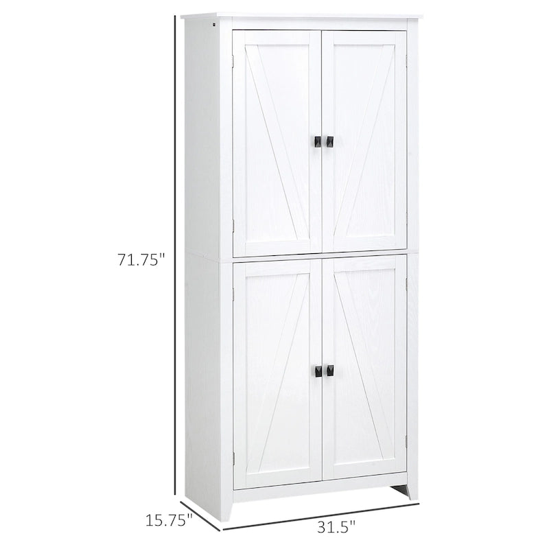 Garde-manger de cuisine autoportant à 4 portes de 183 cm, armoire de rangement avec 4 niveaux et étagères réglables, blanc