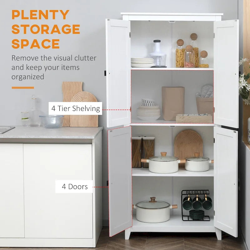 Garde-manger de cuisine autoportant à 4 portes de 183 cm, armoire de rangement avec 4 niveaux et étagères réglables, blanc