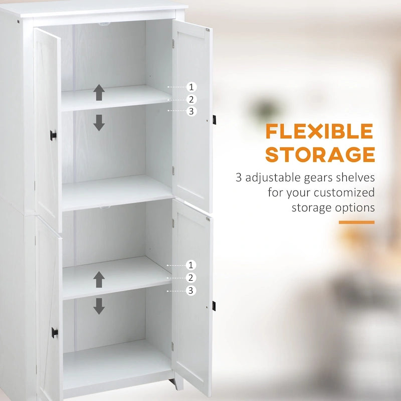 Garde-manger de cuisine autoportant à 4 portes de 183 cm, armoire de rangement avec 4 niveaux et étagères réglables, blanc