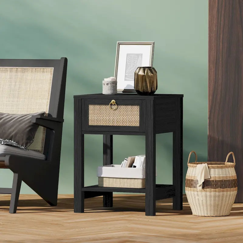 Farmhouse 1-Drawer Rattan Nightstand Set of 2