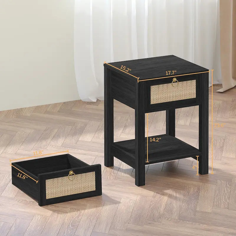 Lot de 2 tables de chevet en rotin à 1 tiroir style Ferme