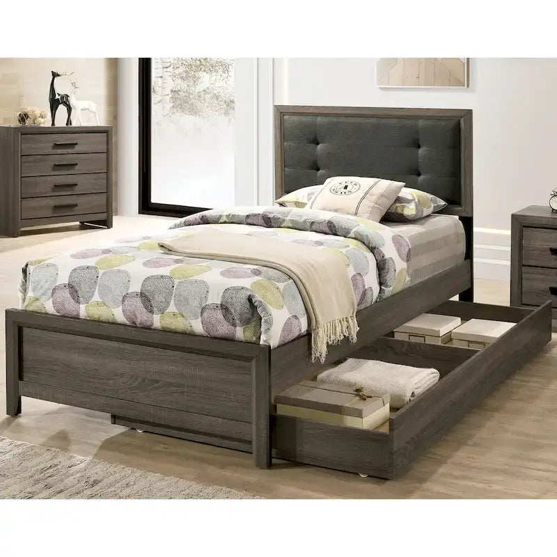 Lit panneau et gigogne 2 pièces capitonnés en bois gris Aury Transitional de Furniture of America