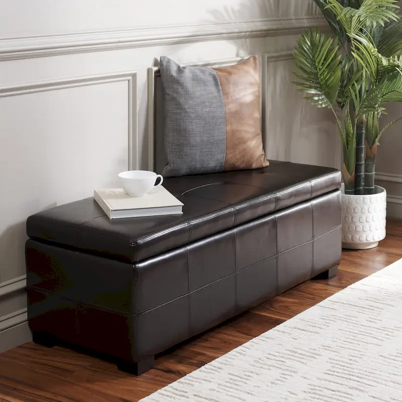 Tufted Brown Bicast-Leather Large Storage Bench - 46.9 x 18.3 x 16.7 - 47Wx18Dx17H