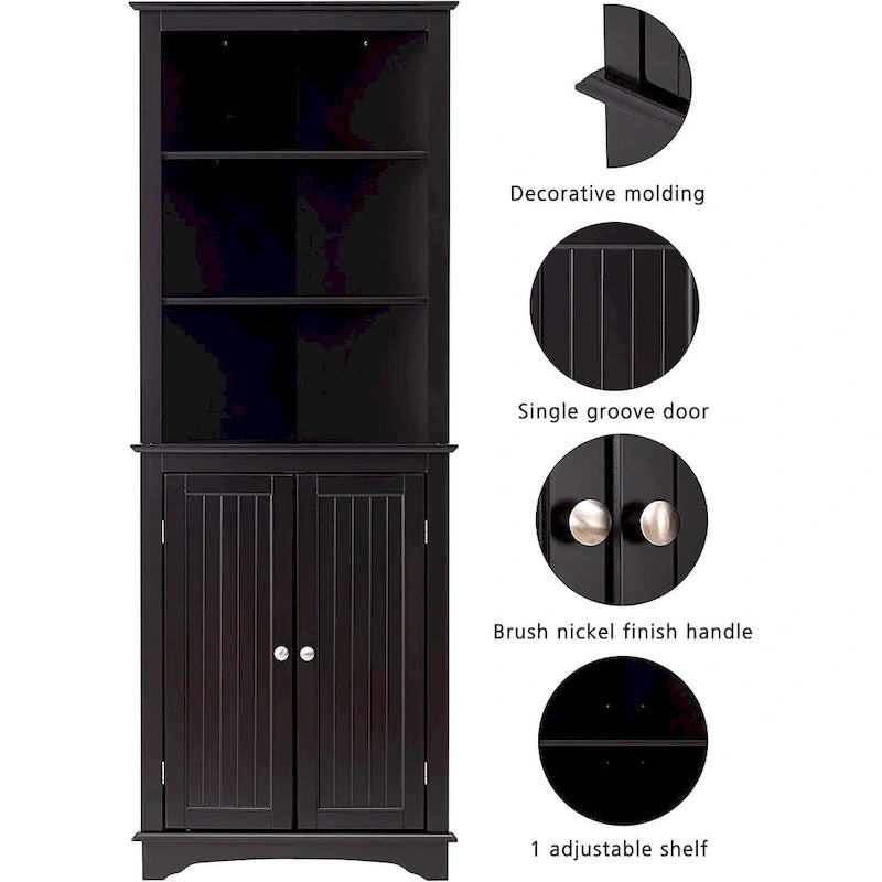 Meuble de salle de bain, Armoire d'angle haute avec 2 portes et 3 étagères, Blanc