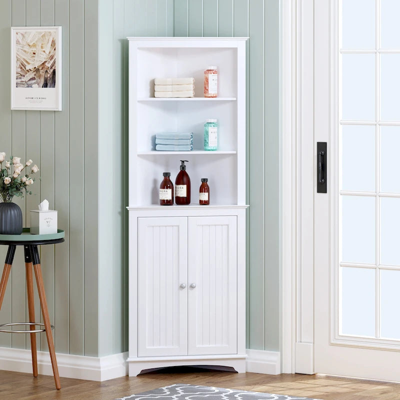Meuble de salle de bain, Armoire d'angle haute avec 2 portes et 3 étagères, Blanc
