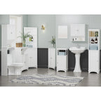 Meuble de salle de bain, Armoire d'angle haute avec 2 portes et 3 étagères, Blanc