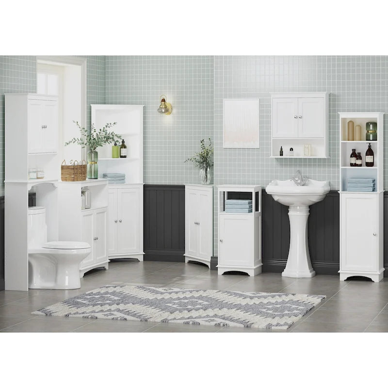 Meuble de salle de bain, Armoire d'angle haute avec 2 portes et 3 étagères, Blanc