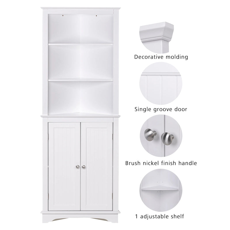 Meuble de salle de bain, Armoire d'angle haute avec 2 portes et 3 étagères, Blanc