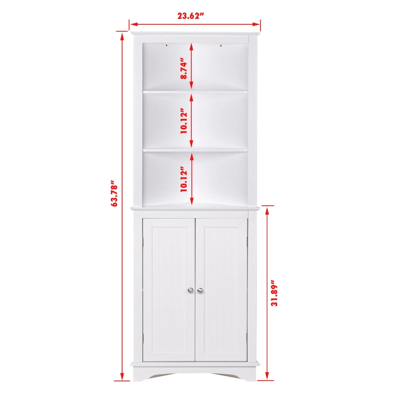 Meuble de salle de bain, Armoire d'angle haute avec 2 portes et 3 étagères, Blanc