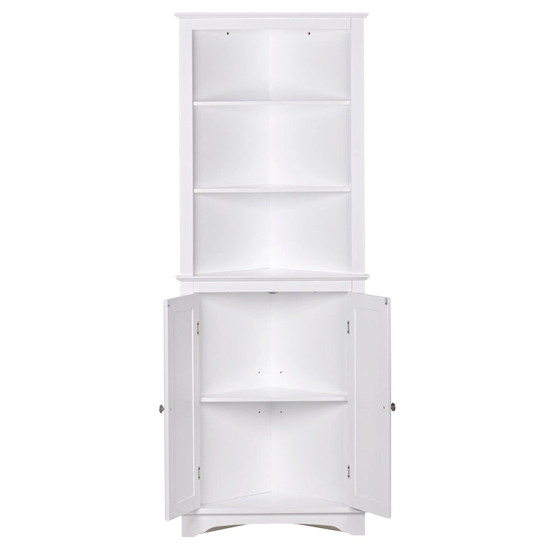 Meuble de salle de bain, Armoire d'angle haute avec 2 portes et 3 étagères, Blanc
