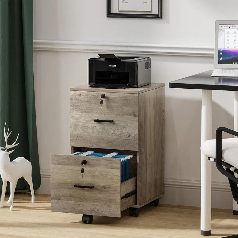 2-Drawer Rolling Wood File Cabinet with Lock